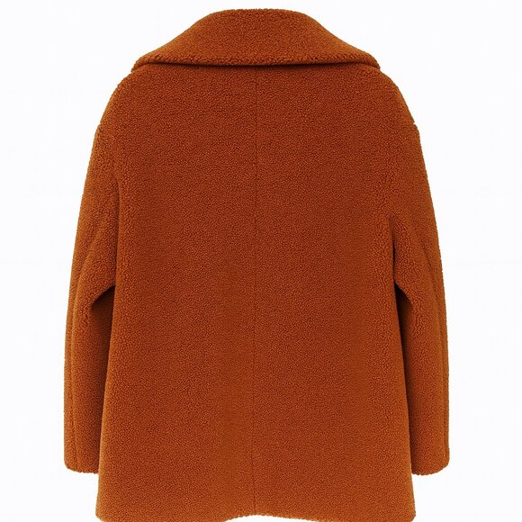 French Connection Camel Rust Teddy Coat | Faux Shearling Double-Breasted Jacket - Picture 2 of 7